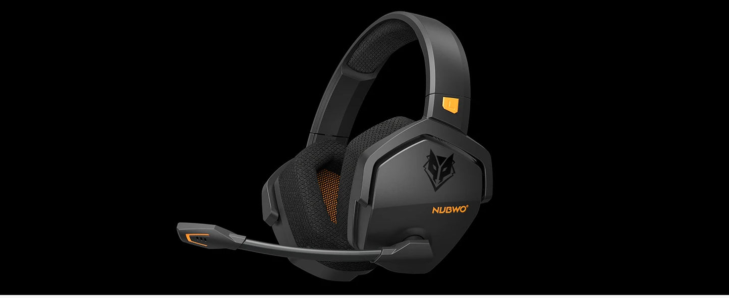 The NUBWO G06 Dual Wireless Headset features a sleek black design with a padded headband and ear cups, active noise cancelling, and an attached microphone on the left. Orange accents highlight the headset, and the brand logo adorns the plain black ear cup.