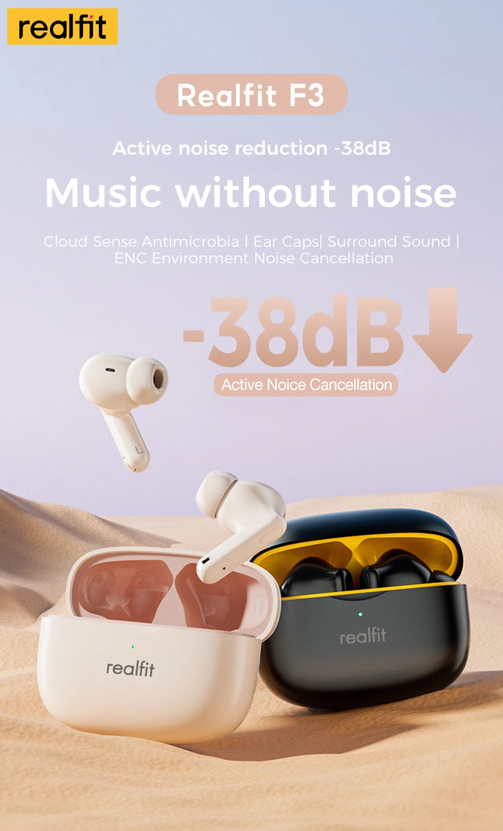 Realfit F3 ANC Bluetooth Earphones with HiFi Stereo Sound