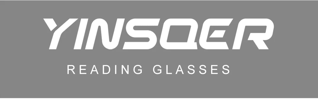 A gray image features bold, white YINSQER text with smaller READING GLASSES underneath, highlighting the YINSQER Titanium Rimless Reading Glasses that include scratch-resistant lenses for durability and block blue light.