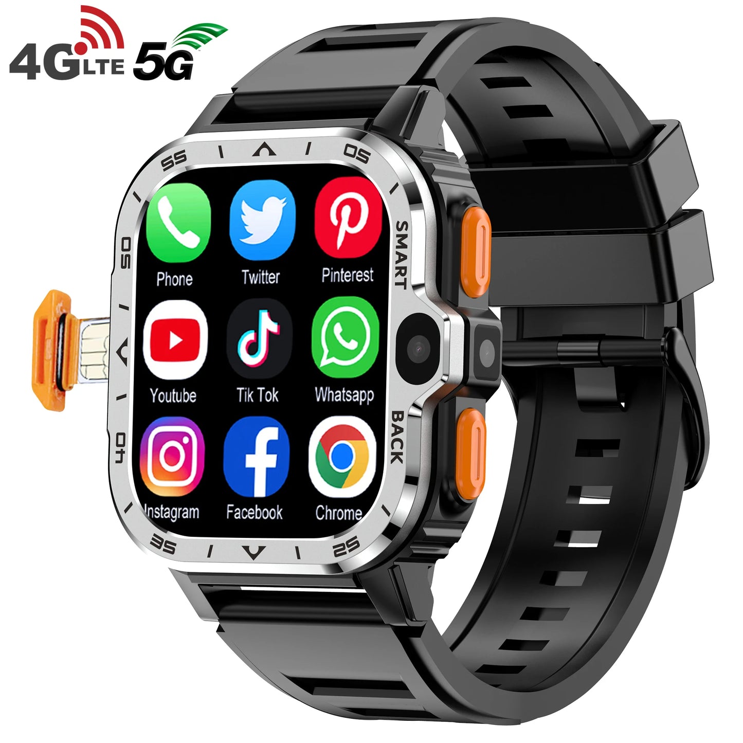 The Valdus PGD Smart Watch for Men has a black strap and silver face with colorful app icons like messaging, social media, and web browsing. It supports 4G LTE and 5G networks, featuring striking orange side buttons that make it a standout 4G wearable choice.