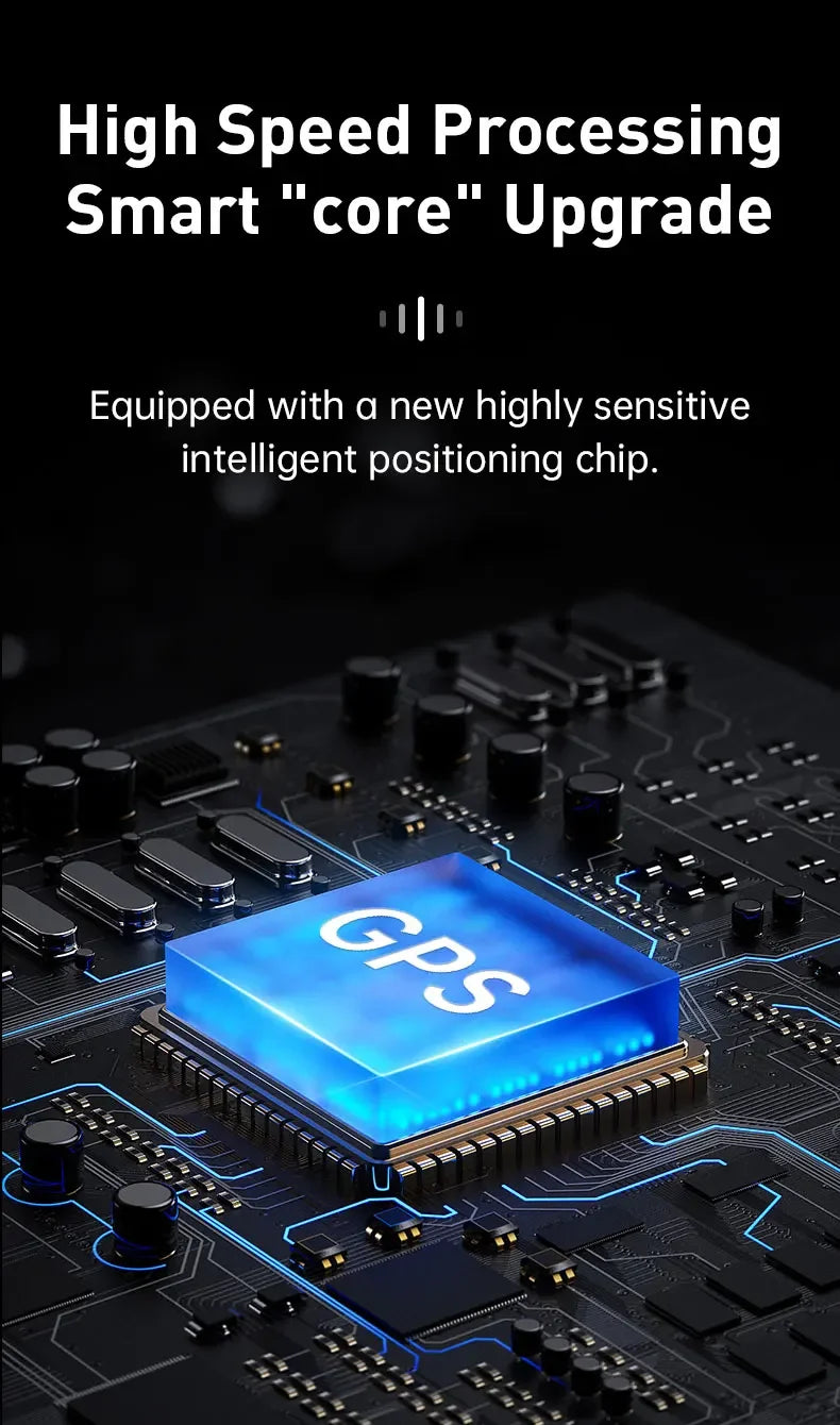 A glowing blue chip labeled GPS sits on a detailed circuit board. Above, text reads: Mini Magnetic GPS Tracker—Real-Time Pet Locator. Features a new sensitive chip with Advanced Positioning Technology for high-speed tracking.