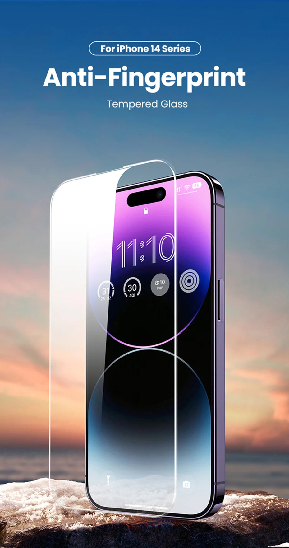 A YKSPACE 2Pcs Anti Blue-Ray Tempered Glass Screen Protector hovers over an iPhone 14 with a purple gradient display, offering eye care and anti-fingerprint features. A sunset backdrop highlights: For iPhone 14 Series Anti-Fingerprint Tempered Glass.