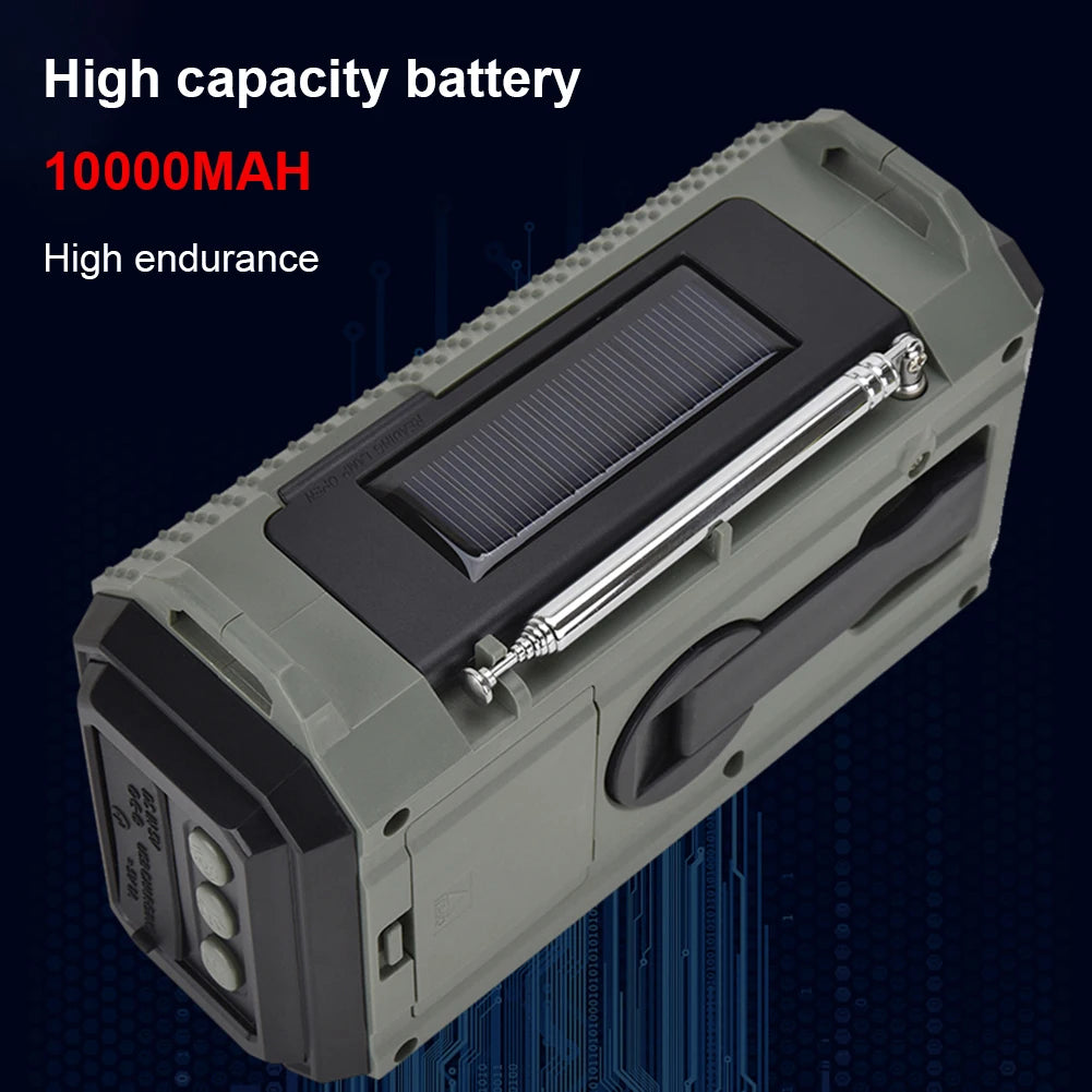 Green and black APWIKOGER 10,000mAh Solar Hand Crank Emergency Radio featuring a handle, top solar panel, and side buttons against a dark backdrop.