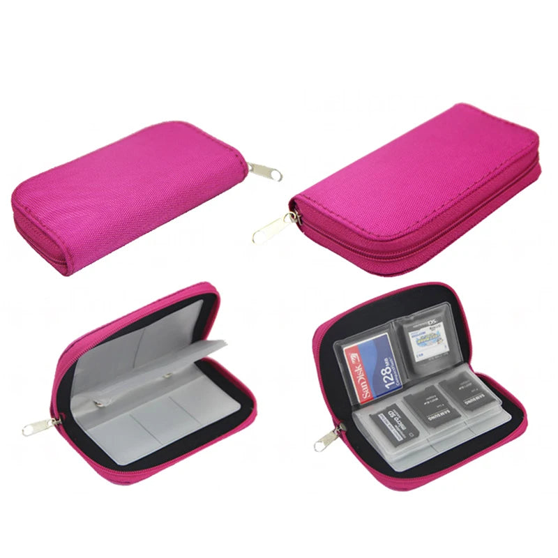 The NoEnName Memory Card Collect Bag - 22 Slot Organizer Case is shown in pink, closed and open, neatly holding SD cards and microSD adapters in clear pockets. It’s water-repellent to keep your memory cards safe and organized.