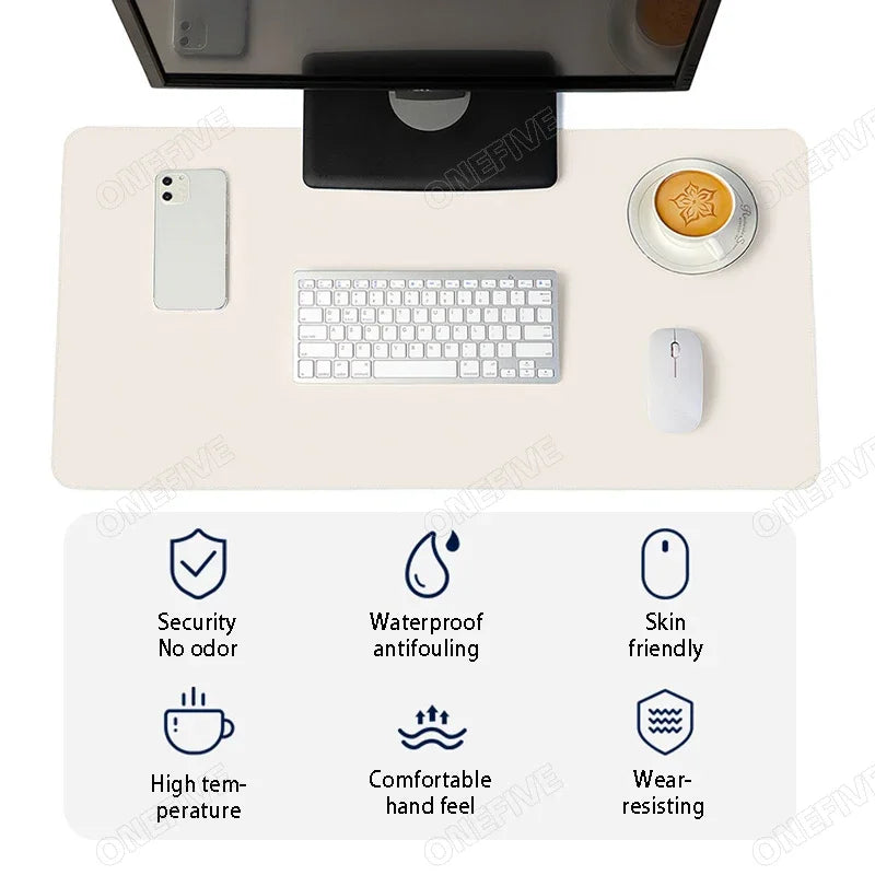 A desktop setup features the AIPHY Large PU Leather Mouse Pad, a waterproof mat with an integrated monitor, keyboard, mouse, smartphone, and coffee cup with lid. Icons highlight security, skin-friendly texture, high-temperature resistance, comfort, and wear-resistance.