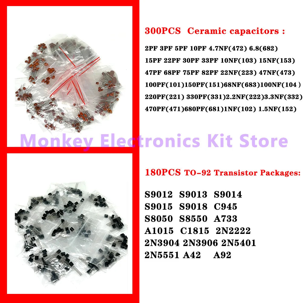 Image shows plastic bags with electronic parts like ceramic capacitors and TO-92 transistors from NoEnName_Null 6-in-1 Component Kit for Mobile Repairs. It includes labeled capacitors and transistors like S9012, S9013, and 2N3904 from Monkey Electronics Kit Store.