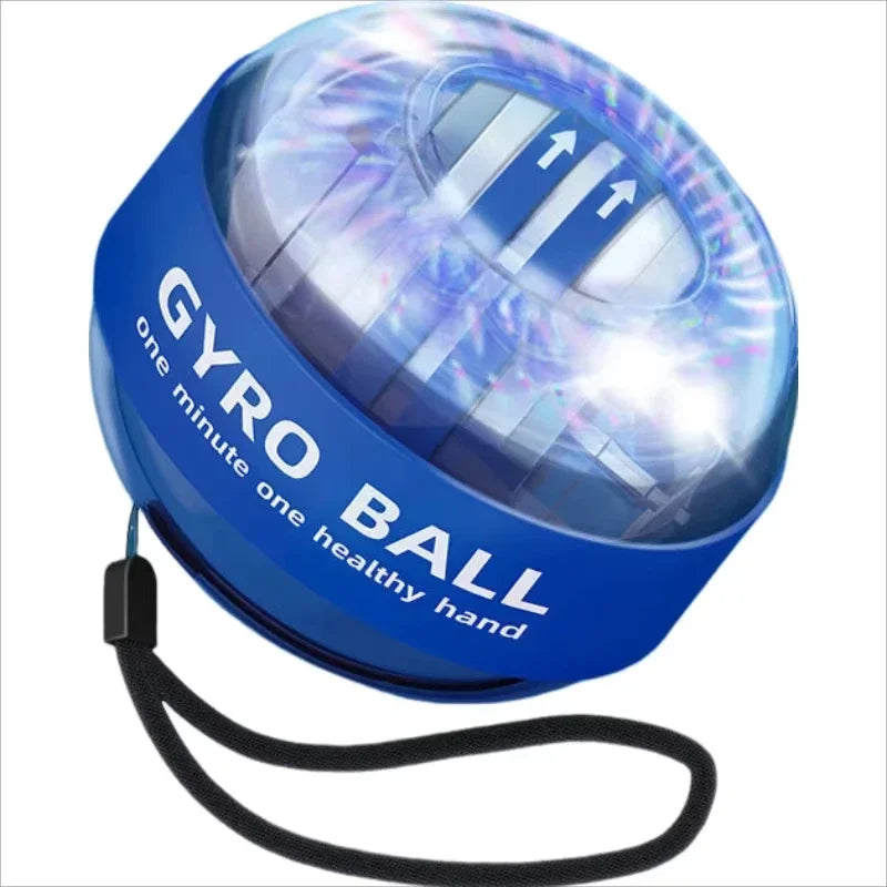 The Gyroscope Power Ball Forearm Strength Trainer, in blue, features a transparent top showing internal components and directional arrows. It has GYRO BALL and one minute, one healthy hand text on the side. A black wrist strap provides grip during strength training.
