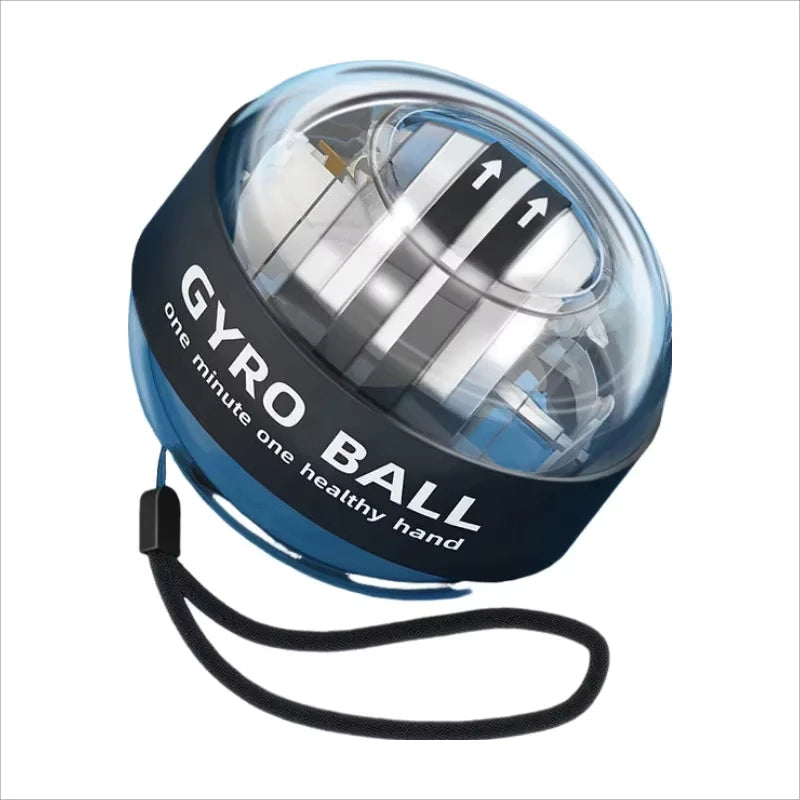Close-up of a blue Gyroball Powerball forearm exerciser with a black wrist strap. The device reads GYRO BALL and One minute, one healthy hand, featuring white arrows to show rotation direction for enhanced wrist power.
