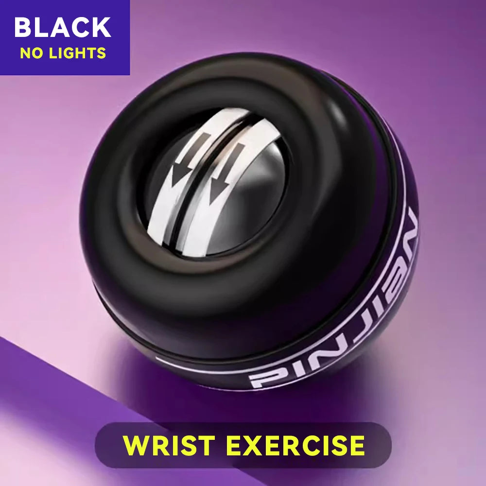 A sleek black Wrist Trainer Self-starting Gyro Ball, set against a purple gradient background, features metallic accents and motion arrows. Text overlay reads BLACK NO LIGHTS and WRIST EXERCISE for adjustable intensity workouts.