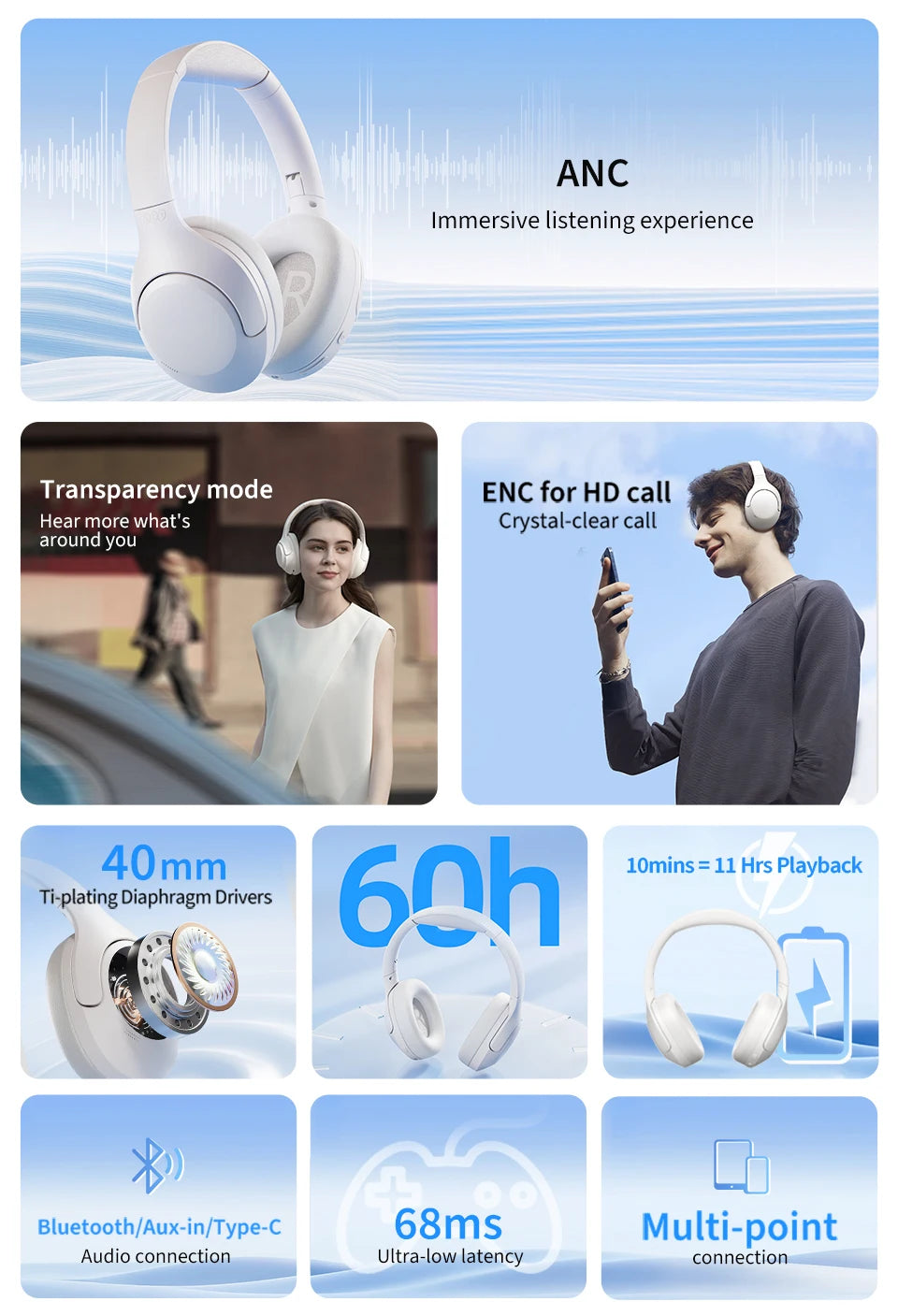 QCY H3 Lite ANC Wireless Headphones with 60-Hour Battery