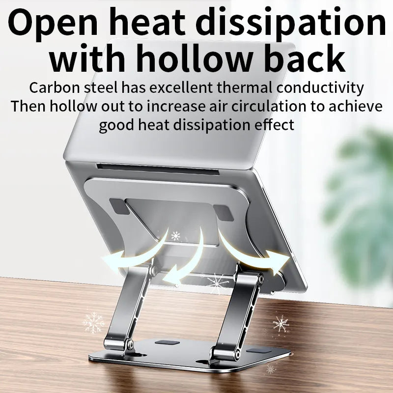 On a wooden surface lies an Adjustable Aluminum Laptop Stand, showcasing its open-back design for enhanced airflow and heat dissipation. Arrows highlight this feature, with text emphasizing Open heat dissipation with hollow back, promoting its ergonomic benefits.