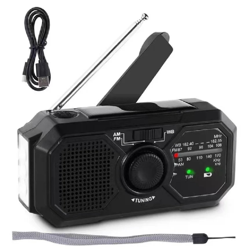 The Sayin Portable Solar Radio with Power Bank & Flashlight, an essential emergency tool, includes a tuning dial, solar panel, antenna, AM/FM/weather bands with frequency display. It comes in black with a USB charging cable and wrist strap.
