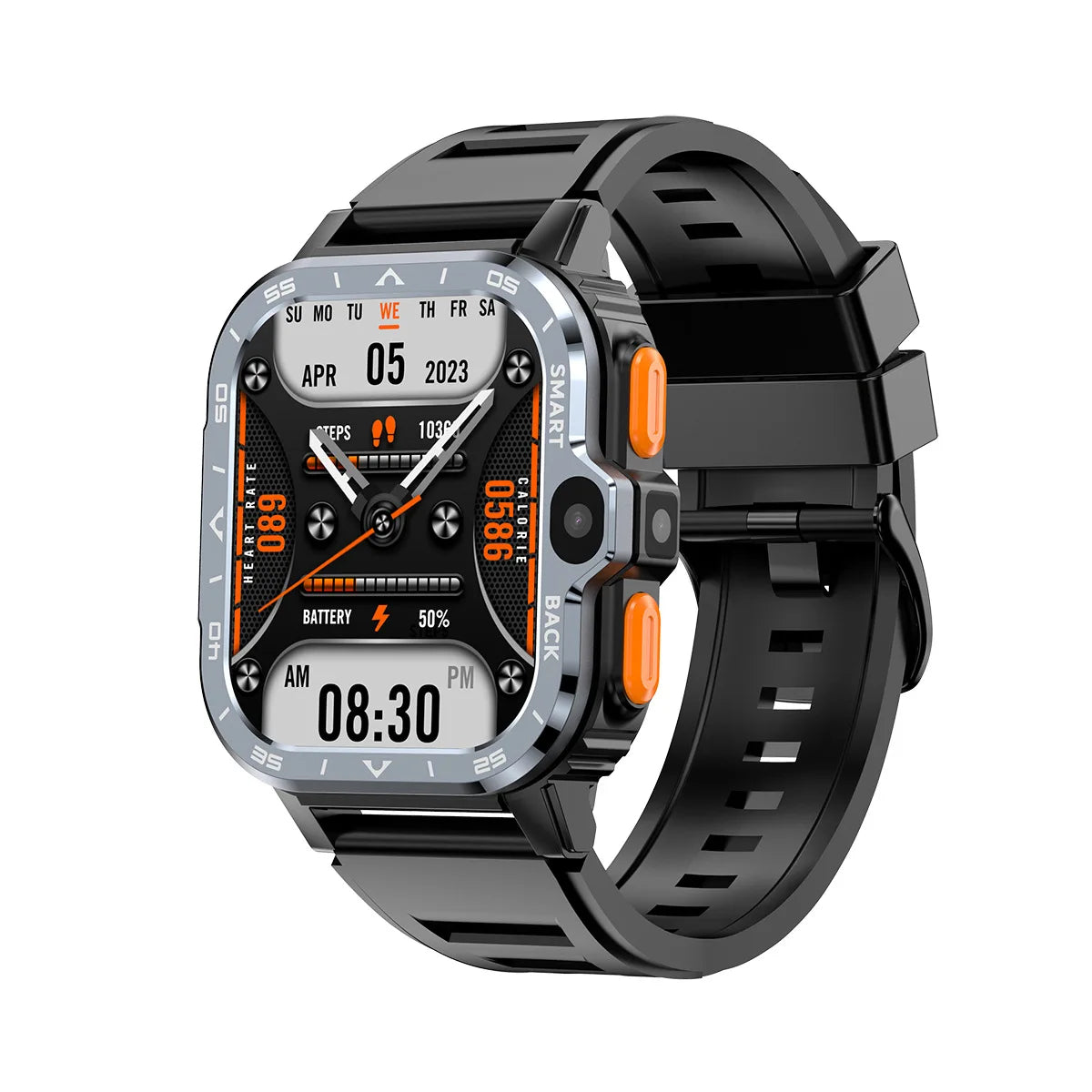 The Valdus PGD Smart Watch for Men features a sleek black band, rectangular multi-functional display with date, steps count, heart rate, battery level, and time. It has orange accents, multiple side buttons, and offers enhanced connectivity with 4G dual camera capabilities.