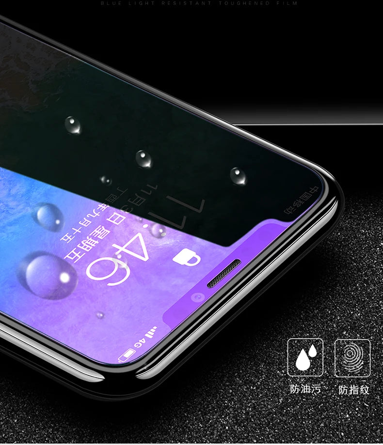 A close-up of a smartphone screen with water droplets displays 9:46 and Japanese text. Bottom icons highlight water and fingerprint resistance, enhanced by the YKSPACE 2Pcs Anti Blue-Ray Tempered Glass Screen Protector for eye care.