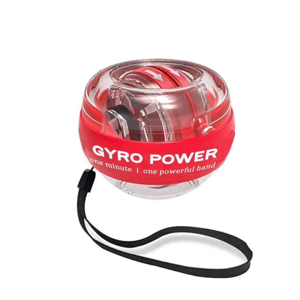 The Self-Starting Gyro Ball, a red and transparent forearm exerciser with a strap, features GYRO POWER and one minute | one powerful hand on its casing—ideal for enhancing grip strength and home gym workouts.