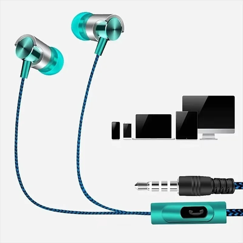 The VIKEFON Noise Cancelling Wired Earphones, featuring an ergonomic design with turquoise wired earbuds, metal accents, and braided cables, deliver superior sound quality. They include a 3.5mm jack and an inline microphone. Silhouettes of a computer, tablet, and smartphone emphasize their compatibility.