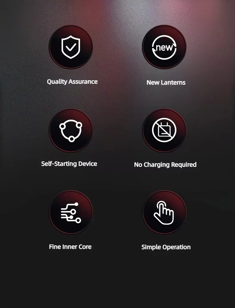 The dark-themed graphic for the Gyroball Powerball Forearm Muscle Fitness Equipment features six icons: a shield (Quality Assurance), circle labeled New Lanterns (Self-Starting Device), crossed-out plug (No Charging Required), circuit diagram (Fine Inner Core), and hand icon, promoting wrist power and hand dexterity.