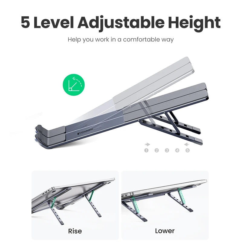 The UGREEN Laptop Stand - Adjustable Foldable Aluminum features five height levels, and its ergonomic design is illustrated in images showing both raised and lowered positions. Sleek and metallic, it offers optimal support for prolonged use.