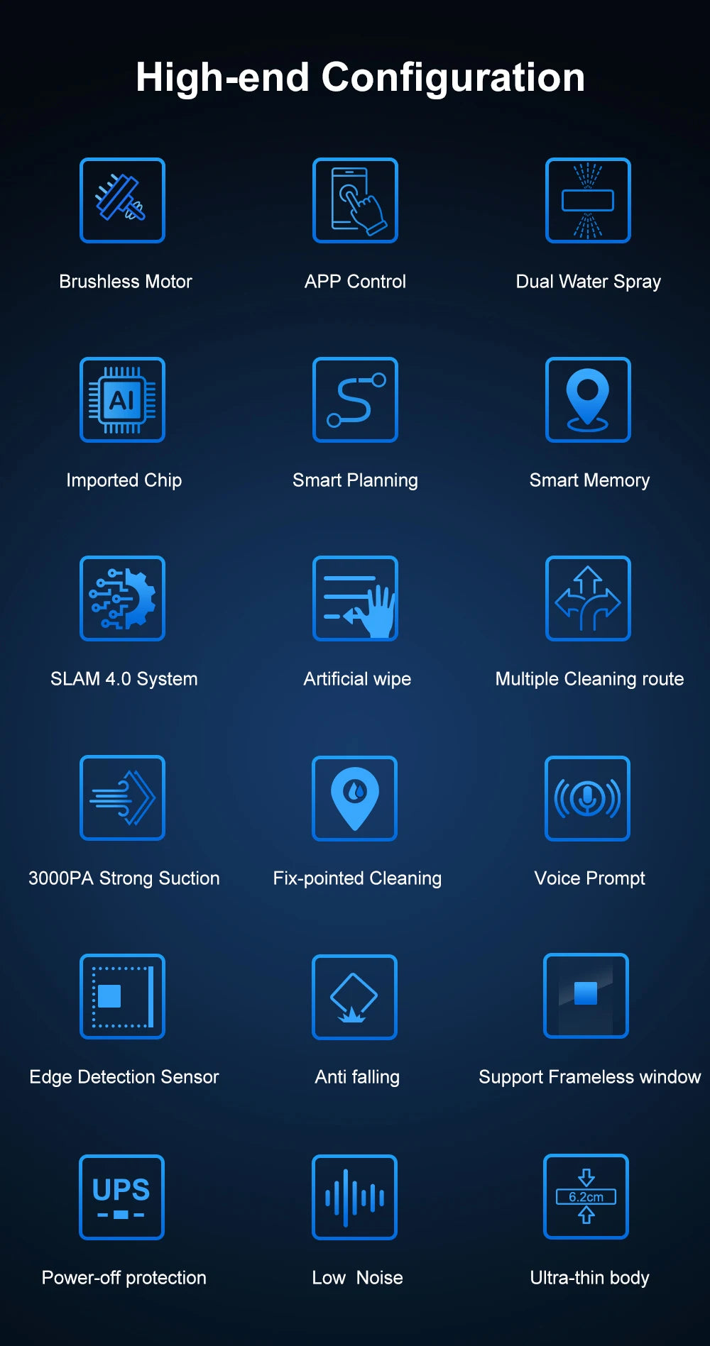 The ABIR WD8 Robot Window Vacuum boasts advanced features including a brushless motor, app control, dual water spray system, imported chip, smart home integration with SLAM 4.0 for precise routes, smart memory, and artificial wipe—truly a cutting-edge cleaner.