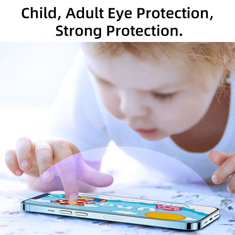 A child touches a smartphone screen with a colorful game. Text above reads: Child, Adult Eye Protection with Anti Blue-Ray. Featuring the YKSPACE 2Pcs Anti Blue-Ray Tempered Glass Screen Protector, it highlights strong protection and advanced Eye Care Technology.