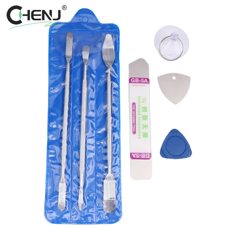 The 7pcs Metal Spudger Kit for Easy Phone Repairs comes with three metal spudgers, a blue plastic pouch, a suction cup, a white and pink plastic tool, and two triangular picks in gray and blue. Free shipping is available on all orders.