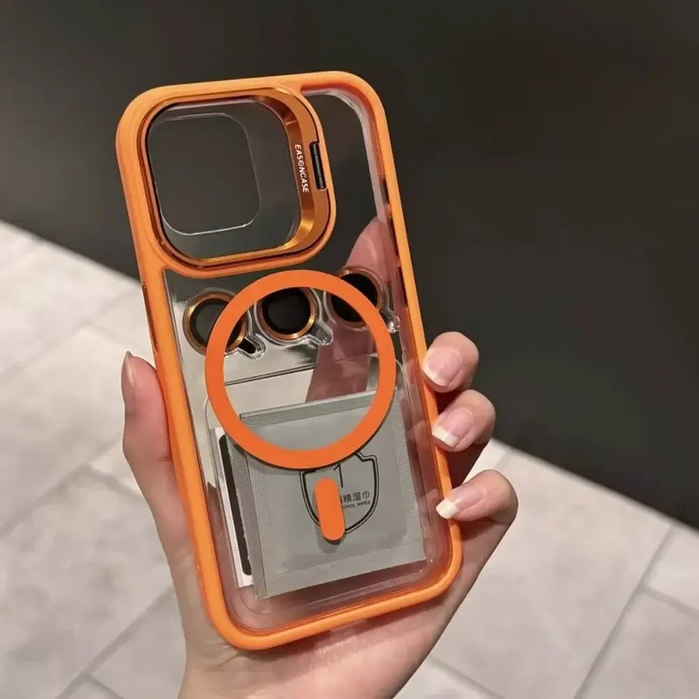 Luxury Magnetic Shockproof iPhone Case with Lens Protection in orange frame, designed for impact resistance and stylish device safety.