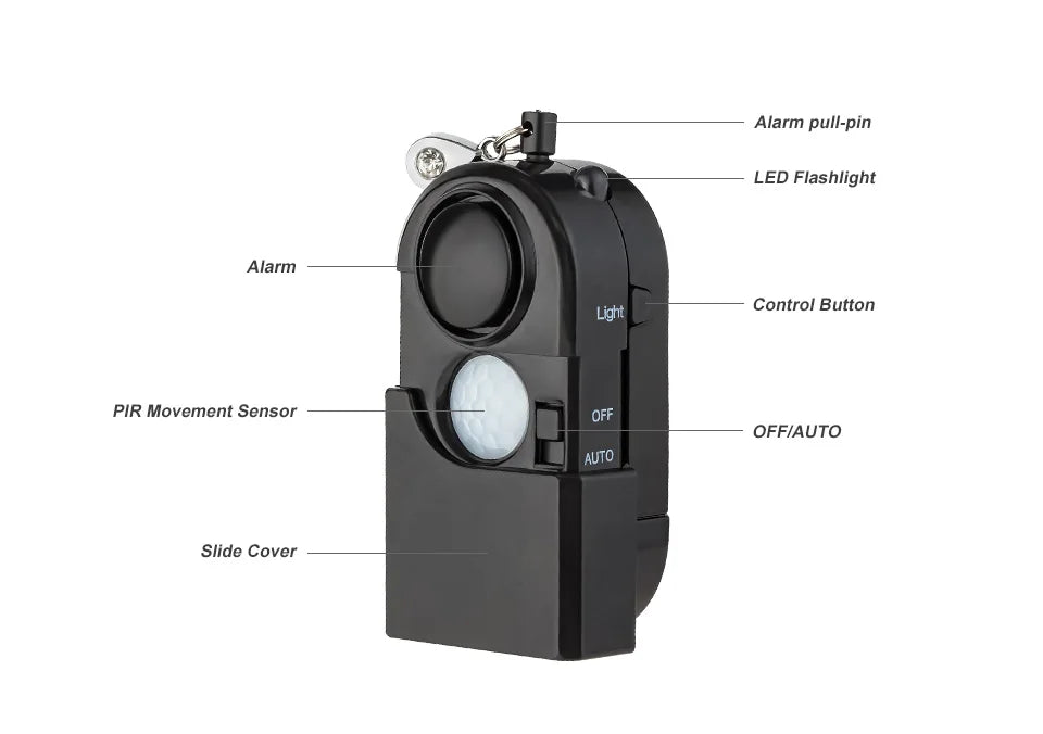 The KERUI Mini Motion Detector Alarm features a 120DB siren, alarm pull-pin, LED flashlight, control button, PIR motion detector, slide cover, and OFF/AUTO switch—making it ideal for personal security.