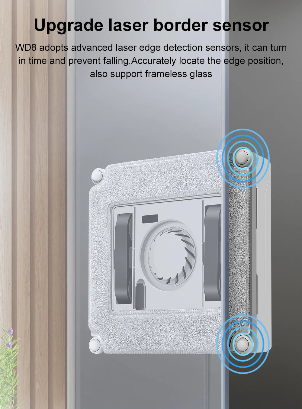 The ABIR WD8 Robot Window Vacuum with dual spray is mounted on a glass surface, showcasing laser sensors at three corners. Text highlights advanced edge detection for precise positioning, smart home integration, and compatibility with frameless glass.