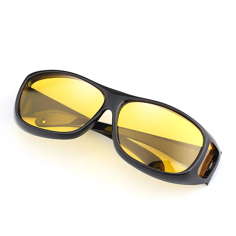 NoEnName Night Vision Glasses - Anti-Glare Driving: Black wraparound sunglasses with yellow tinted lenses for optimal driving and enhanced night vision, displayed on a white background.