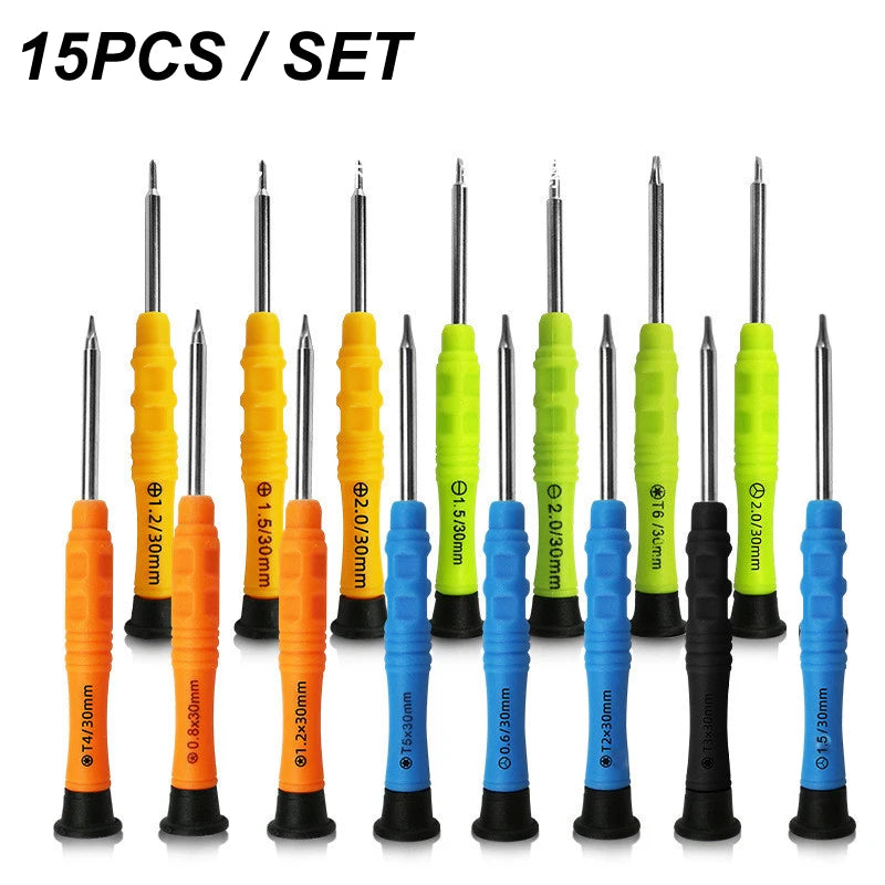 The NoEnName 28 in 1 Screwdriver Tool Kit for Mobile Repairs includes 15 precision tools with colored handles ranging from orange to green, labeled with various slotted, Phillips, and Torx tip sizes. Perfect for electronic devices, the 15PCS / SET text is displayed above the tools.