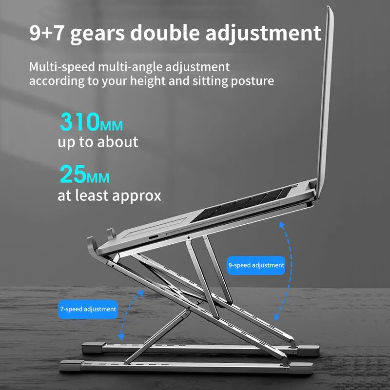 The Adjustable Aluminum Laptop Stand for Comfort and Portability offers dual adjustment with 9 and 7-speed settings, allowing height adjustments from 25mm to 310mm. Its ergonomic design folds easily and features a sleek gray surface for maximum comfort.