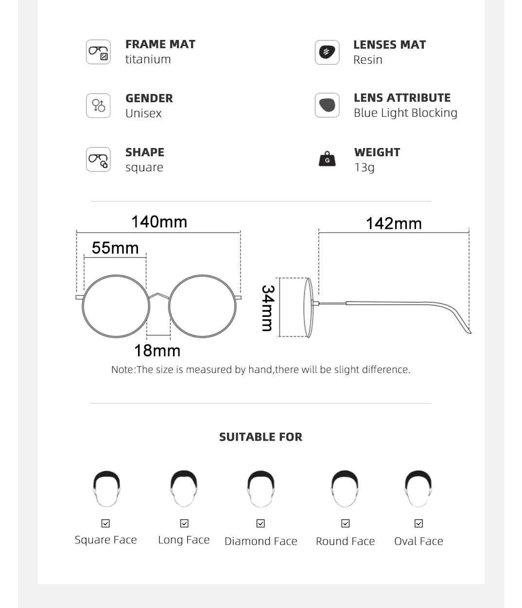The YINSQER Titanium Rimless Reading Glasses feature a square, unisex design with blue light-blocking lenses. Weighing 13g with dimensions of 140mm frame width, 142mm temple length, 55mm lens diameter, 18mm bridge width, and 34mm lens height, they suit various face shapes.