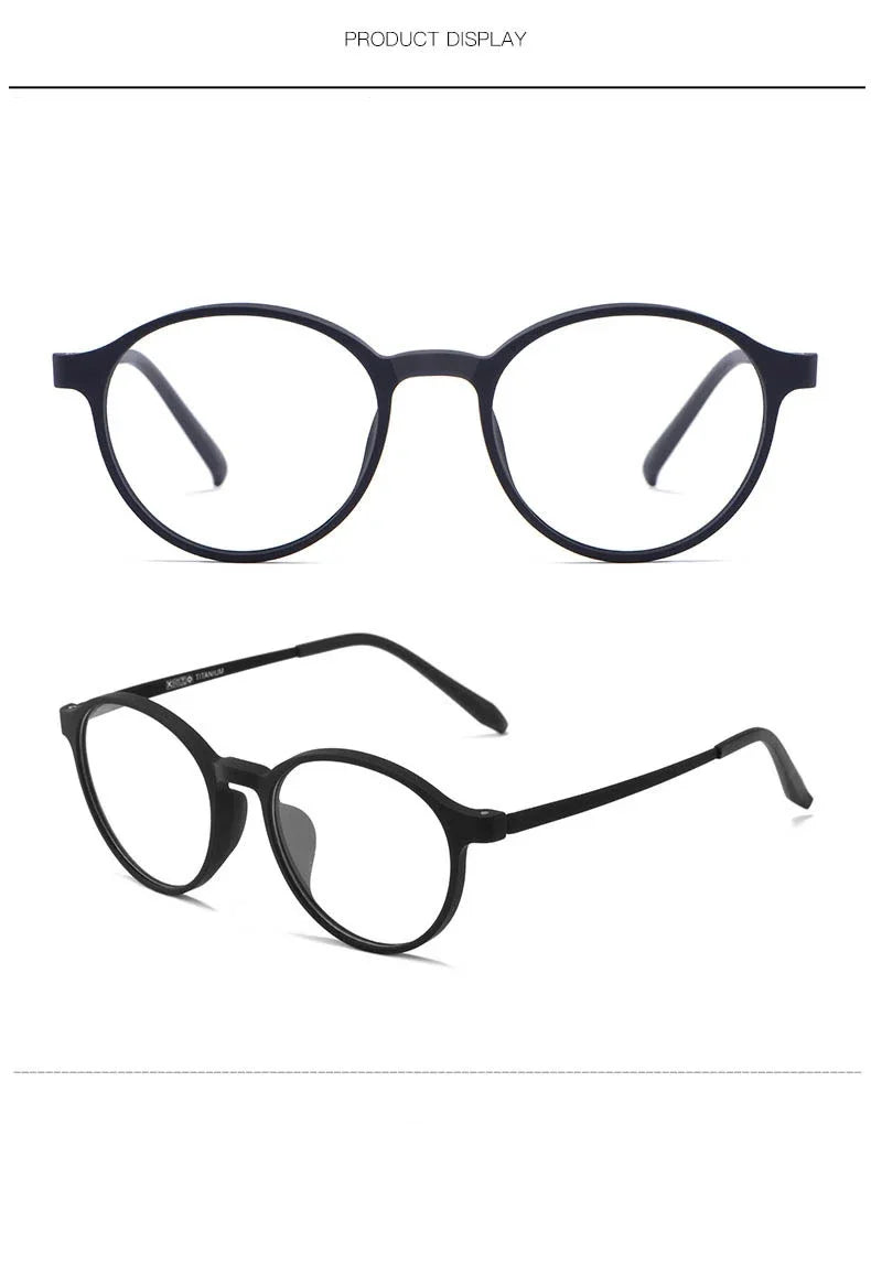 Image of two pairs of OUTMIX Pure Titanium Anti Blue Light Reading Glasses in black. One is front-facing, the other at a three-quarter angle, showing thin titanium frames and straight temples with angled ends. Features anti-blue light technology and comes with free shipping.