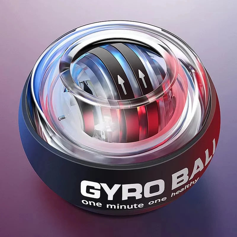 The Gyroball Powerball Forearm Muscle Fitness Equipment, a transparent gyro ball with blue and red components, is an ideal forearm exerciser. It features rotation arrows and GYRO BALL one minute one healthy text. A blue-to-purple background adds to its appeal.