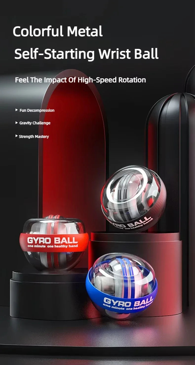 A promotional image displays colorful Gyroscope Power Ball Forearm Strength Trainers on a sleek stand. Text highlights features: Fun Decompression, Gravity Challenge, and Strength Training Mastery. Each ball is labeled GYRO BALL.