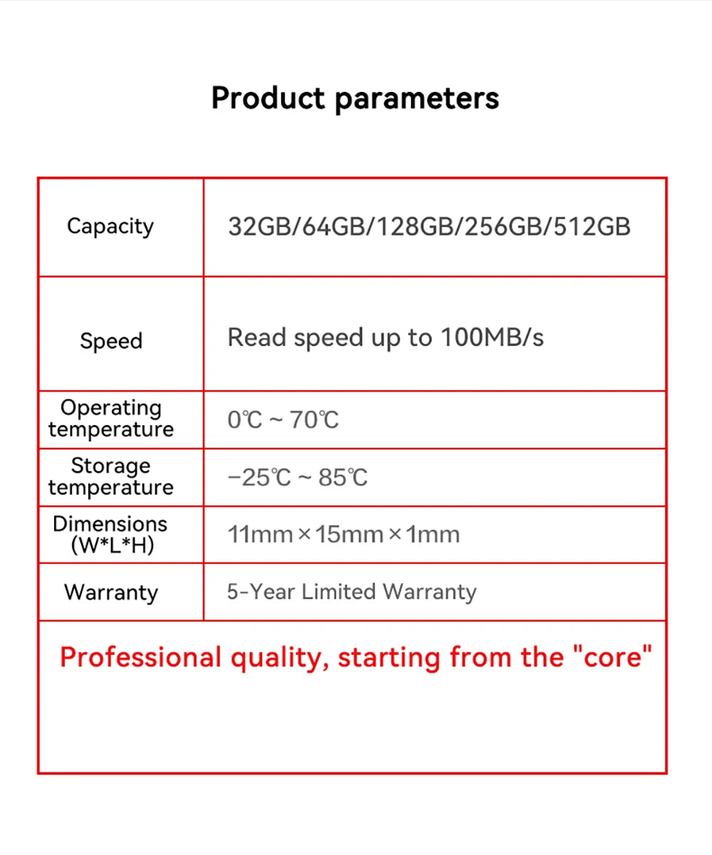 The Lenovo 128GB Micro TF Card - Fast 100MB/s Speed offers specifications like a capacity range from 32GB to 512GB, a rapid read speed of 100MB/s, an operating temperature of 0°C to 70°C, storage temperature of -25°C to 85°C, compact dimensions, and a warranty lasting five years.