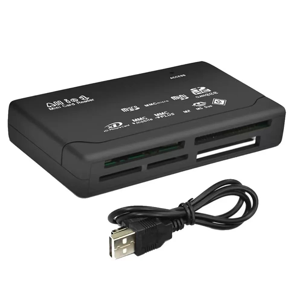 The USB 2.0 Mini Memory Card Reader With Multi-Card Support is black, features multiple memory card slots, and comes with a detached USB 2.0 cable placed in front.