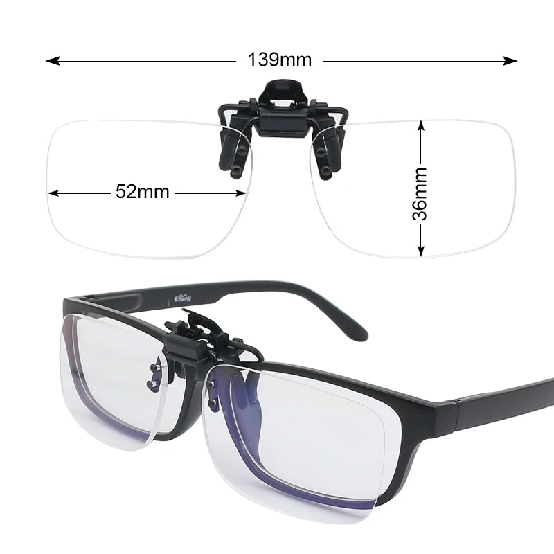 WALLY SKY Ultra-Light Anti Blue Light Reading Glasses feature clip-on 139mm frames and rectangular lenses measuring 52mm wide by 36mm tall, shown both attached and detached.