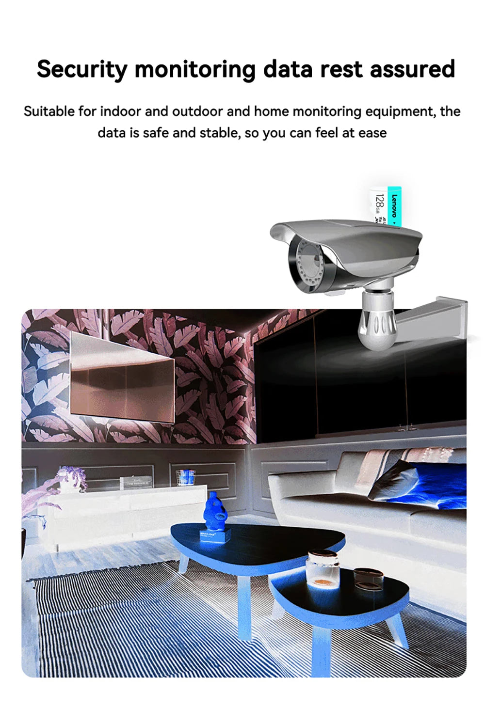 An inverted color image of a living room with a mounted security camera shows text: Security monitoring data assured. Using the Lenovo 128GB Micro TF Card, offering fast 100MB/s speed, ensures secure and stable indoor and outdoor data storage for your peace of mind.