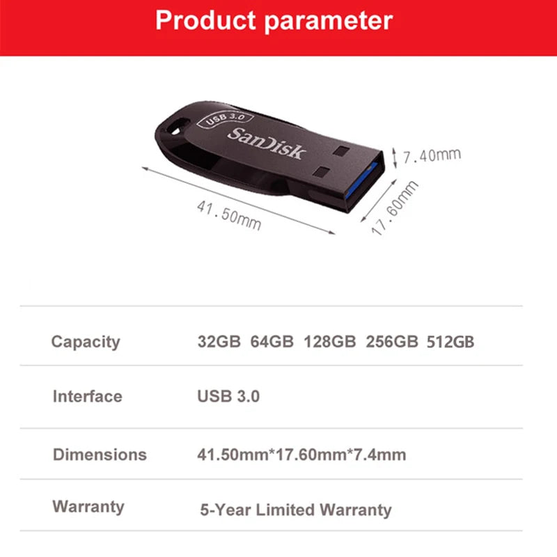 Image of the SanDisk USB 3.0 Flash Drive - High-Speed Compact Storage, with durable design measuring 41.50mm x 17.60mm x 7.40mm, available in capacities from 32GB to 512GB for fast data transfer, and backed by a 5-year limited warranty for reliable use.