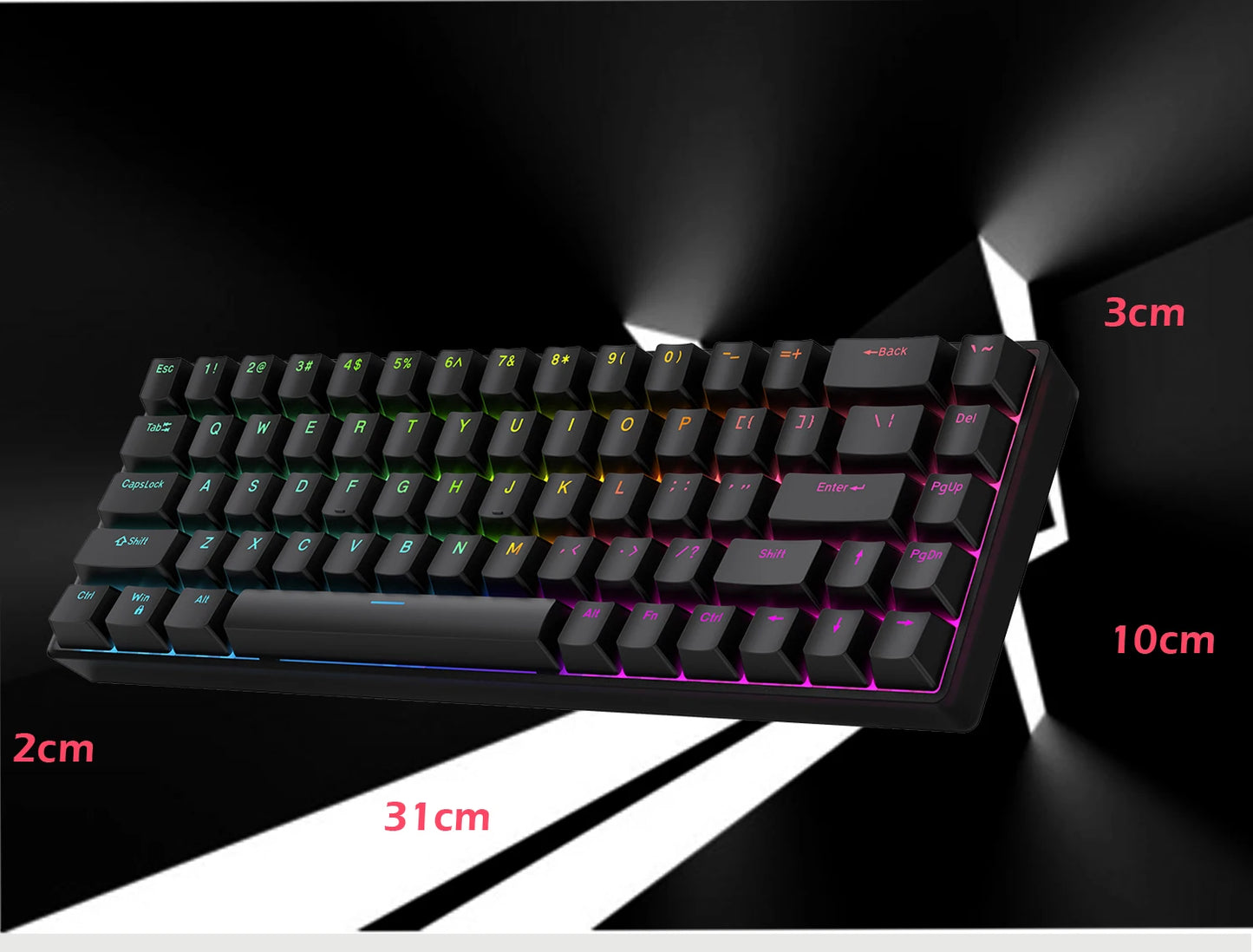 The Raven68 Magnetic Keyboard is a compact, tilted mechanical keyboard featuring hot-swappable black keys, vibrant RGB lighting, and an 8K return rate. Dimensions: 31cm wide, 10cm tall, with a key height of 3cm and base thickness of 2cm.