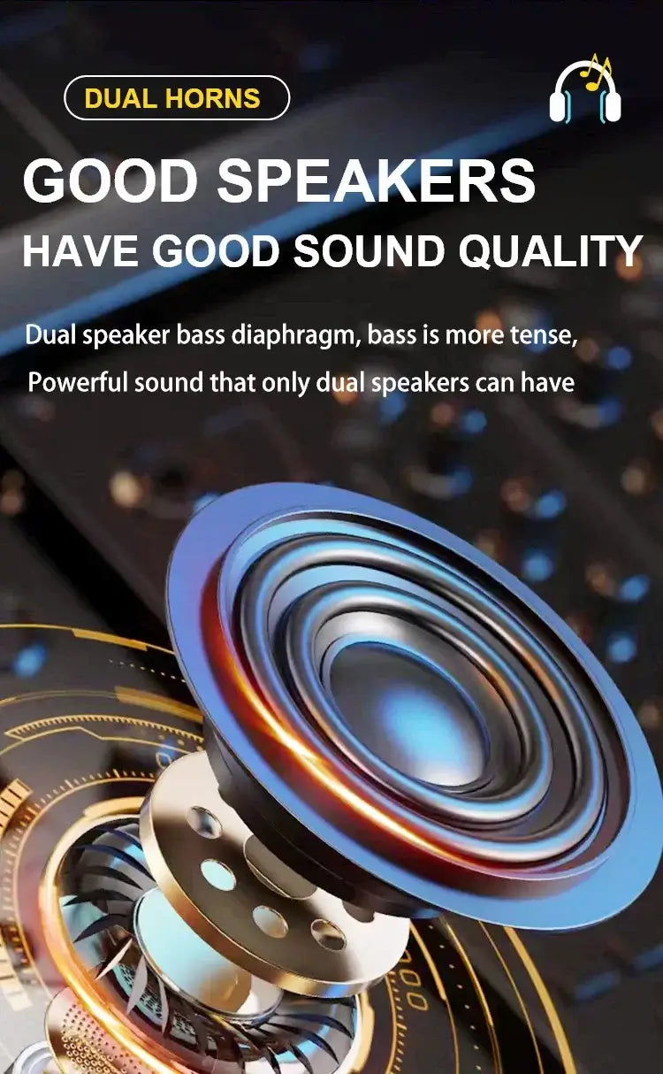 Close-up of a Bluetooth karaoke speaker with metallic components and digital elements, featuring text that says, Good sound quality comes from dual horns, highlighting the benefits of a dual speaker bass diaphragm for enhanced sound and tension. Perfect for your Portable Dual Microphone Karaoke Machine experience.
