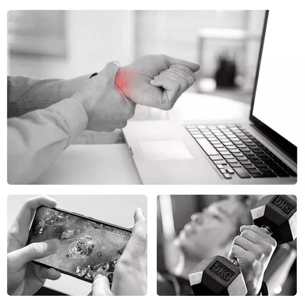 Collage of three images: Top shows a person gripping their wrist in pain near a laptop, suggesting they might benefit from a Wrist Trainer Self-starting Gyro Ball for Strength; bottom left shows hands playing a mobile game, and bottom right depicts someone lifting a 5 kg dumbbell.