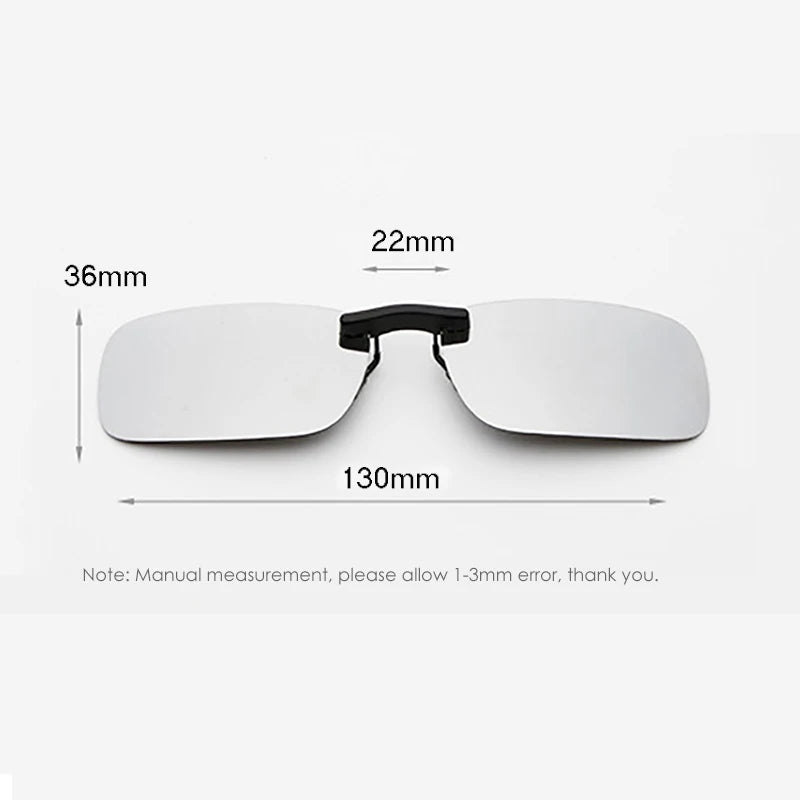 The Honey Joe Polarized Clip-On Sunglasses feature UV400 protection with lenses measuring 36mm in height, a 22mm bridge, and a total width of 130mm. Note: Measurements may vary by 1-3mm. Ideal for eye protection in any setting.