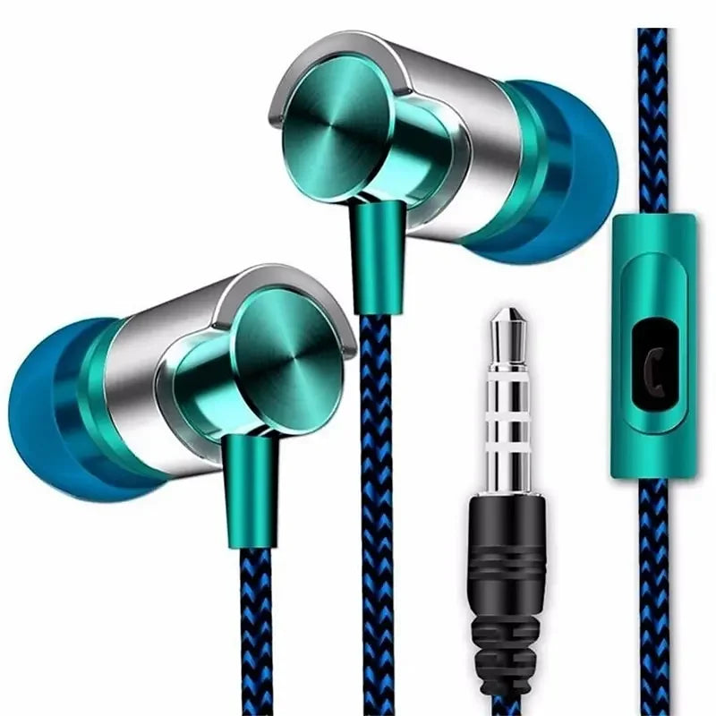 The VIKEFON Noise Cancelling Wired Earphones feature metallic blue and silver in-ear headphones with a black and blue braided cable, delivering superior sound quality. They have an ergonomic design with an inline control button and a 3.5mm audio jack for added convenience.