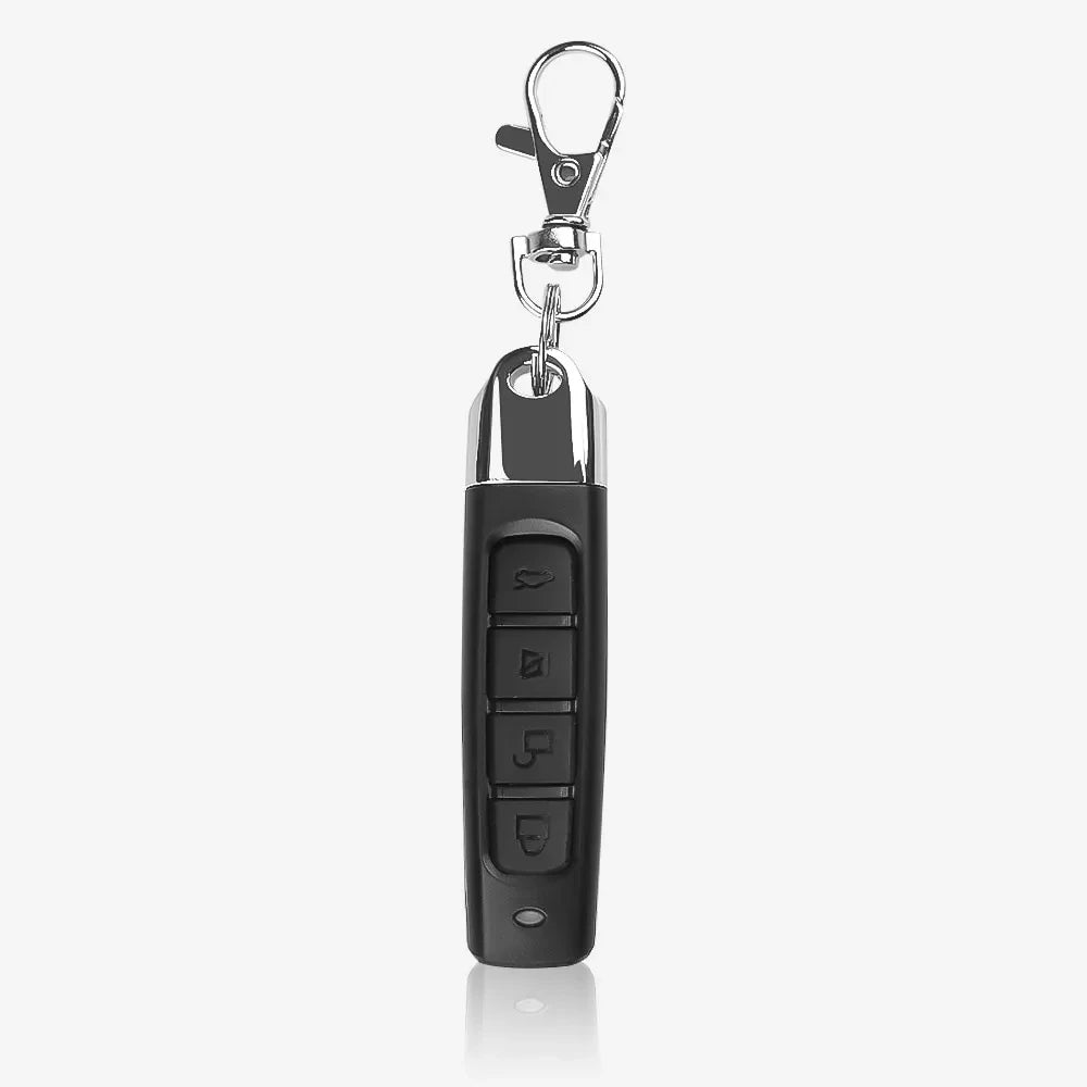 The Universal 433MHz Wireless Remote Control for Garage Access is a black key fob with four buttons and a metal keychain clip, perfect for doors or gates, shown on a plain white background.