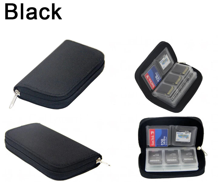 The NoEnName Memory Card Collect Bag - 22 Slot Organizer Case is a compact, rectangular storage pouch with clear pockets for SD and microSD cards. Shown open and closed, it neatly organizes your cards and features water-repellent protection.