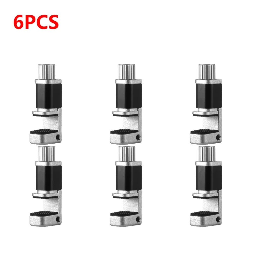 Six MOJOYCE Adjustable Alloy Clamps with black rubber components are shown in two vertical rows on a white background, ideal for secure mobile repairs. 6PCS is written in red at the top left corner.