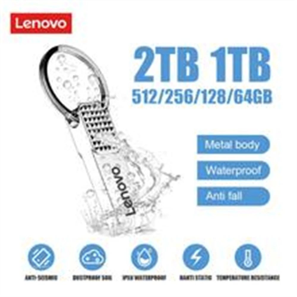 Image of the Lenovo 2TB USB 3.0 OTG Pen Drive submerged in water, highlighting its waterproof feature. The high-speed, metal-bodied drive extends from 64GB to 2TB and is resistant to falls, souring, and temperature changes.