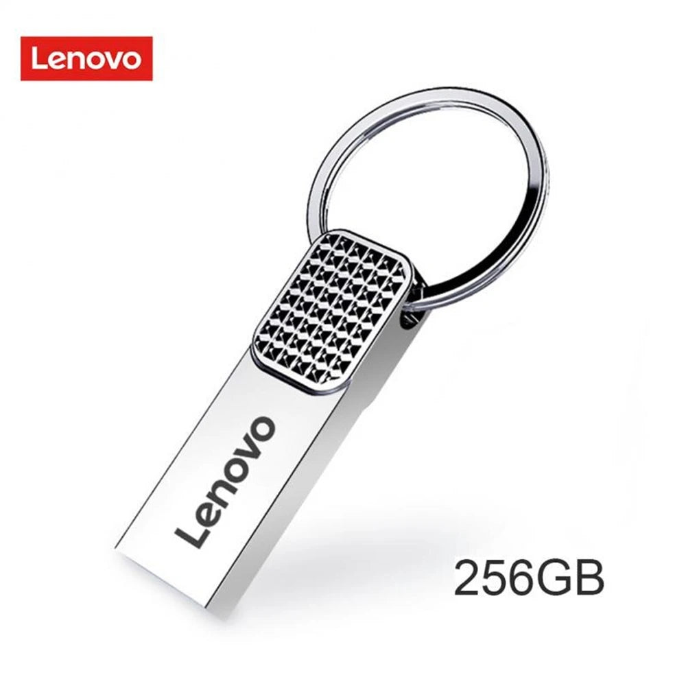 This Lenovo 2TB USB 3.0 OTG Pen Drive offers high-speed storage in a sleek silver design with a textured grip and keyring attachment. Featuring the iconic Lenovo logo, its perfect for quick data transfers.